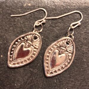 Silver tone flaming Heart Dangle Milagros Earrings Handmade